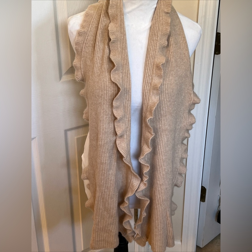 Worthington Womens Ribbed Cashmere Scarf Ruffle Edge Tan 62” x 10”